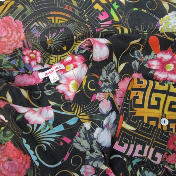 Vivid Floral Black Top Blouse Poly Keystone Bohemian - Picture 8 of 11